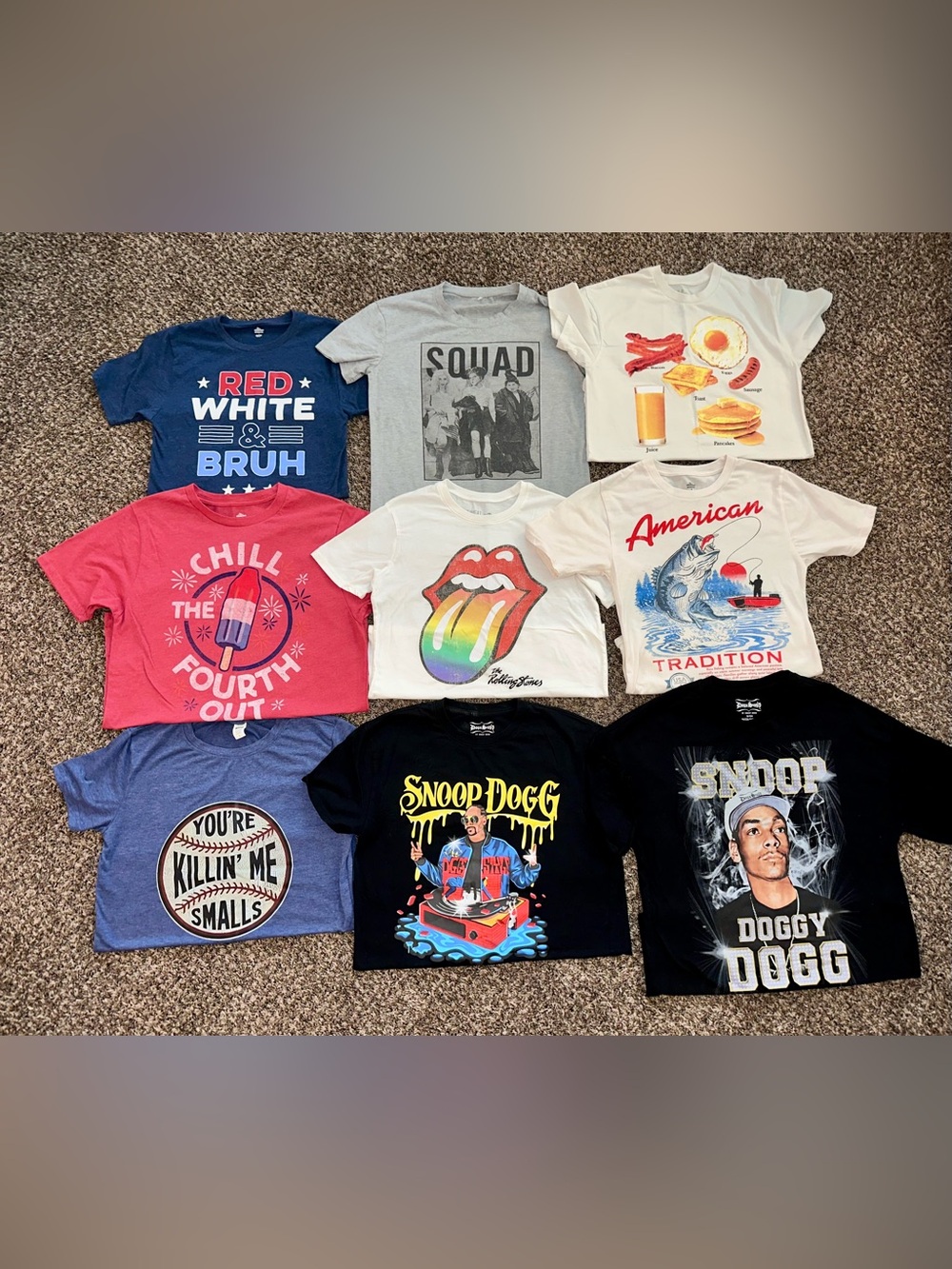 9 colorful Graphic t-shirts (sizes small, medium, large)